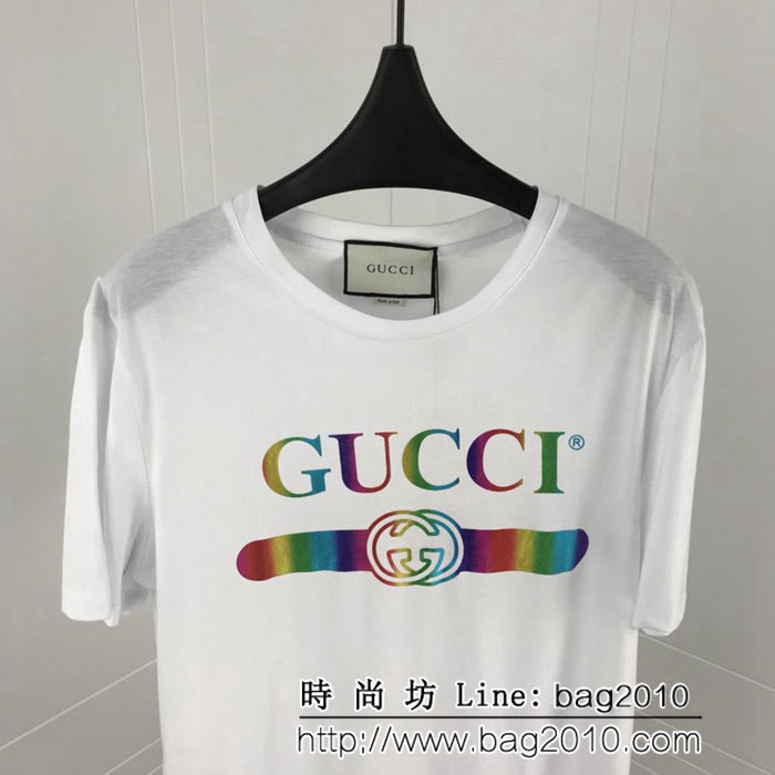 GUCCI古馳 19早春新款 漸變色logo印花 雙股絲光棉短袖 男女同款 ydi1605